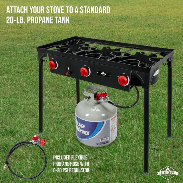 Alt view image 4 of 7 - Hike Crew Auto Ignition 3-Burner Outdoor Gas Stove | 225,000 BTU Portable Propane-Powered Cooktop with Blue Flame Control, Removable Legs, Temperature Setting Knobs | Includes Hose & Regulator