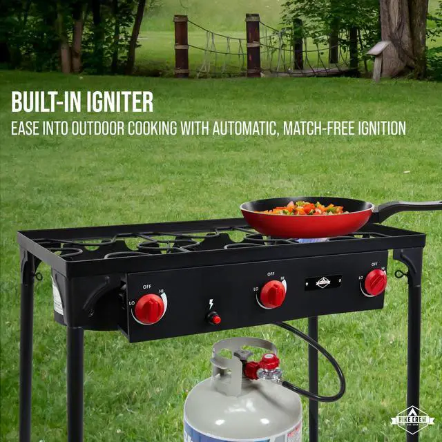 Alt view image 5 of 7 - Hike Crew Auto Ignition 3-Burner Outdoor Gas Stove | 225,000 BTU Portable Propane-Powered Cooktop with Blue Flame Control, Removable Legs, Temperature Setting Knobs | Includes Hose & Regulator