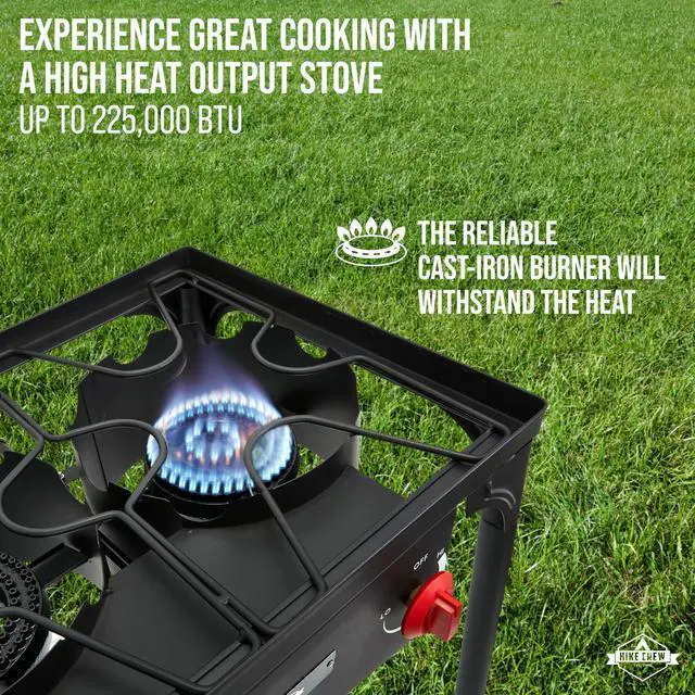 Alt view image 6 of 7 - Hike Crew Auto Ignition 3-Burner Outdoor Gas Stove | 225,000 BTU Portable Propane-Powered Cooktop with Blue Flame Control, Removable Legs, Temperature Setting Knobs | Includes Hose & Regulator