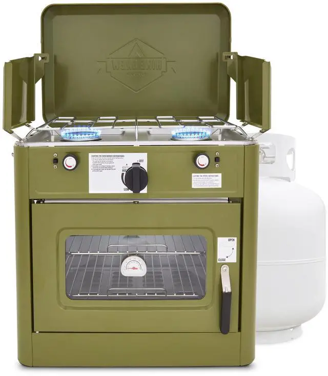 Main image of Hike Crew Outdoor Gas Camping Oven w/ Carry Bag | CSA Approved Portable Propane-Powered 2-Burner Stove & Oven | Auto Ignition, Overheat Safety Shutoff, Built-In Thermometer | Hose & Regulator Included
