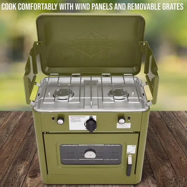 Alt view image 3 of 7 - Hike Crew Outdoor Gas Camping Oven w/ Carry Bag | CSA Approved Portable Propane-Powered 2-Burner Stove & Oven | Auto Ignition, Overheat Safety Shutoff, Built-In Thermometer | Hose & Regulator Included