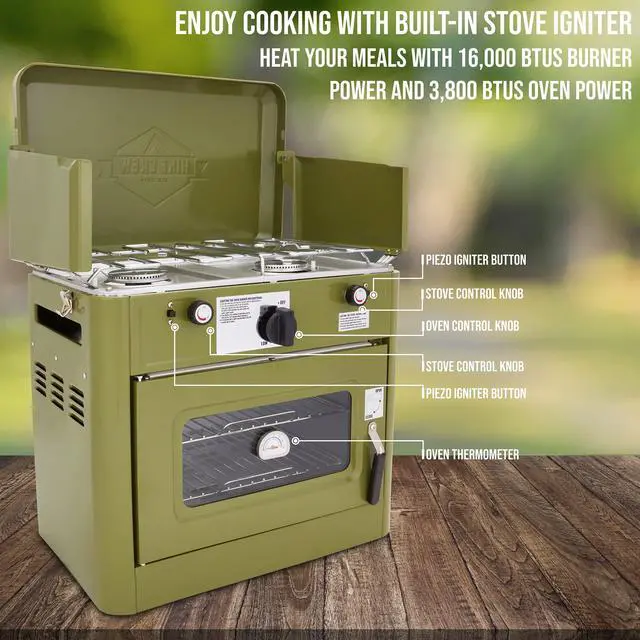 Alt view image 2 of 7 - Hike Crew Outdoor Gas Camping Oven w/ Carry Bag | CSA Approved Portable Propane-Powered 2-Burner Stove & Oven | Auto Ignition, Overheat Safety Shutoff, Built-In Thermometer | Hose & Regulator Included