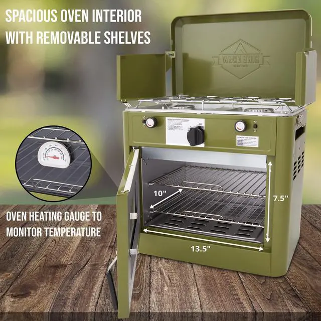 Alt view image 5 of 7 - Hike Crew Outdoor Gas Camping Oven w/ Carry Bag | CSA Approved Portable Propane-Powered 2-Burner Stove & Oven | Auto Ignition, Overheat Safety Shutoff, Built-In Thermometer | Hose & Regulator Included
