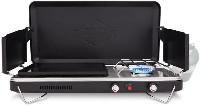 Main image of Hike Crew 2-in-1 Gas Camping Stove and Griddle, Portable Propane Burner w/ Integrated Igniter & Stainless Drip Tray | Built-in Carrying Handle, Foldable Legs & Wind Panels | Includes Regulator
