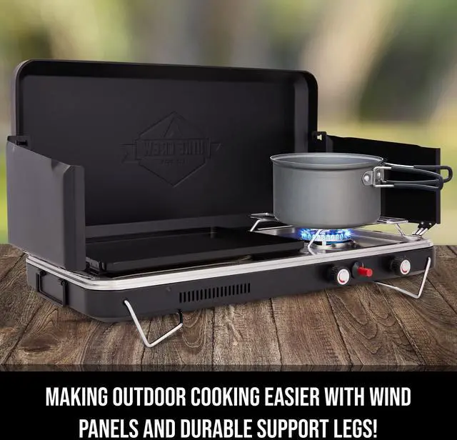 Alt view image 2 of 7 - Hike Crew 2-in-1 Gas Camping Stove and Griddle, Portable Propane Burner w/ Integrated Igniter & Stainless Drip Tray | Built-in Carrying Handle, Foldable Legs & Wind Panels | Includes Regulator