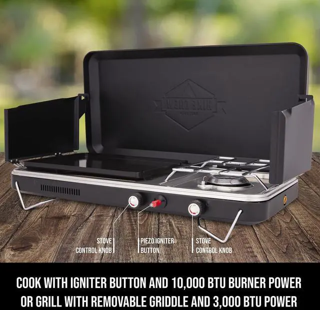 Alt view image 3 of 7 - Hike Crew 2-in-1 Gas Camping Stove and Griddle, Portable Propane Burner w/ Integrated Igniter & Stainless Drip Tray | Built-in Carrying Handle, Foldable Legs & Wind Panels | Includes Regulator