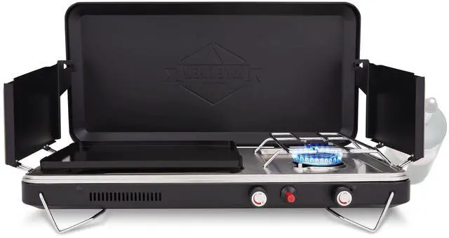Alt view image 7 of 7 - Hike Crew 2-in-1 Gas Camping Stove and Griddle, Portable Propane Burner w/ Integrated Igniter & Stainless Drip Tray | Built-in Carrying Handle, Foldable Legs & Wind Panels | Includes Regulator