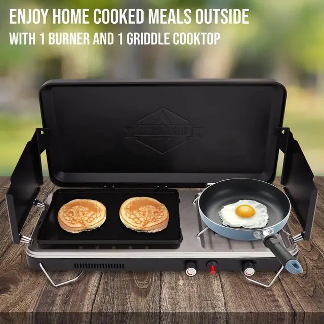 Alt view image 4 of 7 - Hike Crew 2-in-1 Gas Camping Stove and Griddle, Portable Propane Burner w/ Integrated Igniter & Stainless Drip Tray | Built-in Carrying Handle, Foldable Legs & Wind Panels | Includes Regulator