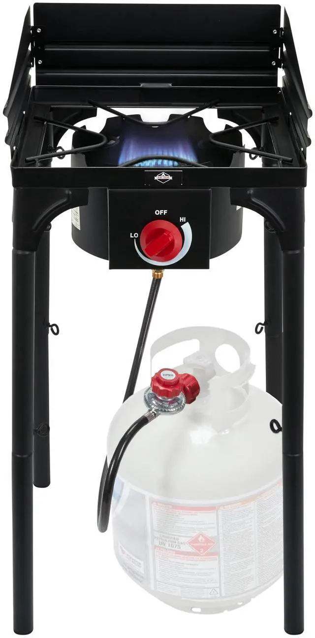 Main image of Hike Crew Cast Iron 1-Burner Outdoor Gas Stove | 75,000 BTU Portable Propane-Powered Cooktop w/ Blue Flame Control, Removable Legs, Temperature Setting Knobs | Wind Panel, Hose Regulator & Storage Bag