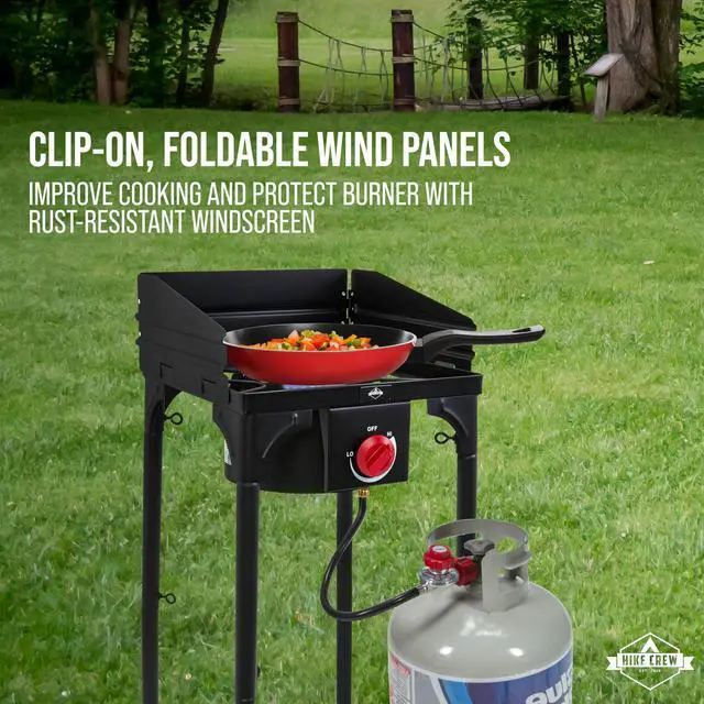 Alt view image 6 of 7 - Hike Crew Cast Iron 1-Burner Outdoor Gas Stove | 75,000 BTU Portable Propane-Powered Cooktop w/ Blue Flame Control, Removable Legs, Temperature Setting Knobs | Wind Panel, Hose Regulator & Storage Bag
