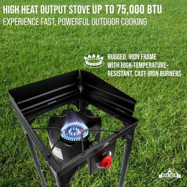 Alt view image 5 of 7 - Hike Crew Cast Iron 1-Burner Outdoor Gas Stove | 75,000 BTU Portable Propane-Powered Cooktop w/ Blue Flame Control, Removable Legs, Temperature Setting Knobs | Wind Panel, Hose Regulator & Storage Bag