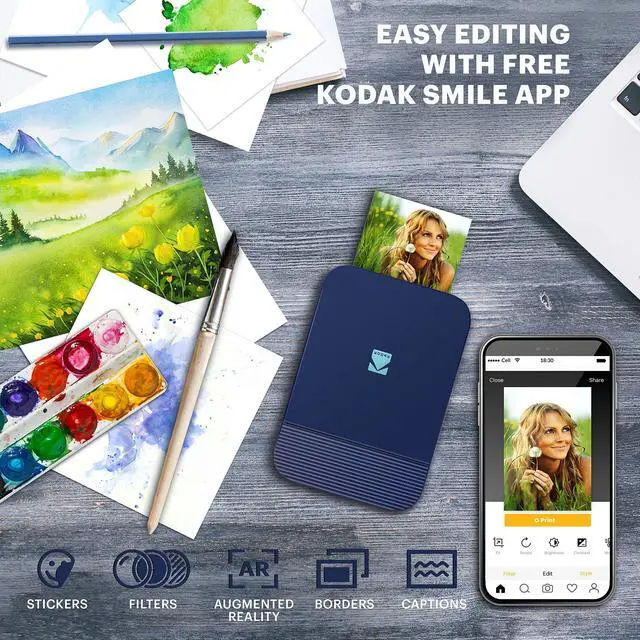 Alt view image 2 of 6 - KODAK Smile Instant Digital Bluetooth Printer for iPhone & Android  Edit, Print & Share 2x3 ZINK Photos w/ Smile App (Blue) Sticker Edition