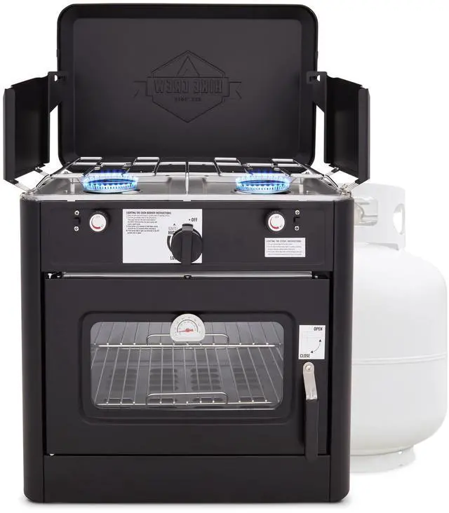 Main image of Hike Crew Outdoor Gas Camping Oven w/ Carry Bag | CSA Approved Portable Propane-Powered 2-Burner Stove & Oven | Auto Ignition, Overheat Safety Shutoff, Built-In Thermometer | Hose & Regulator Included