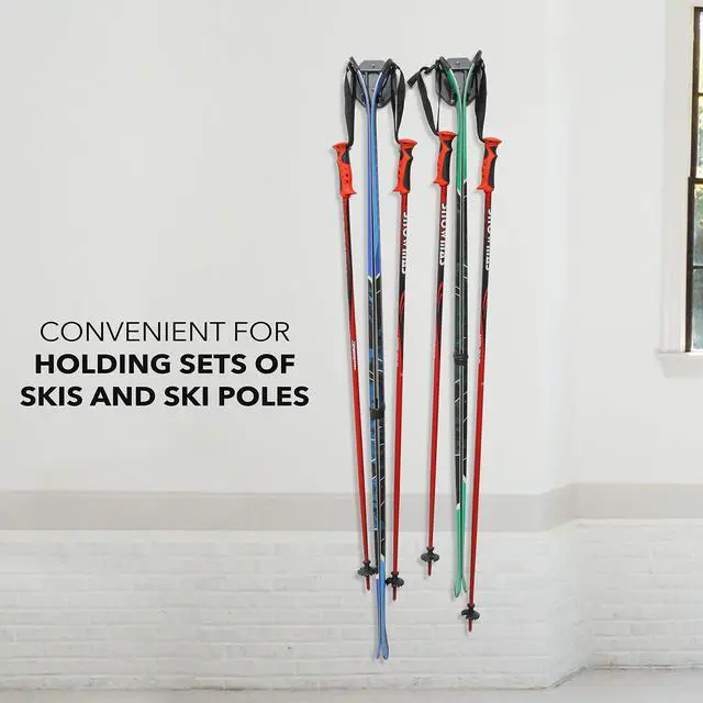Alt view image 2 of 7 - RaxGo Ski Wall Mounted Rack, Holds Skis & Skiing Poles or Snowboard for Home and Garage Storage, Heavy Duty and Rubber-Coated Hook, (Set of 2)