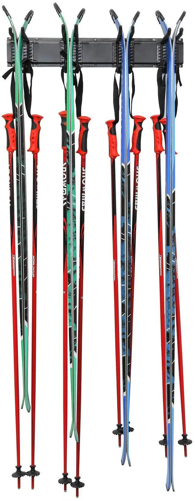 Alt view image 2 of 7 - RaxGo Ski Wall Rack, Holds 4 Pairs of Skis & Skiing Poles or Snowboard for Home and Garage Storage, Wall Mounted, Heavy Duty and Adjustable Rubber-Coated Hooks