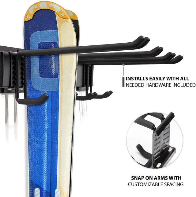 Alt view image 3 of 7 - RaxGo Ski Wall Rack, Holds 4 Pairs of Skis & Skiing Poles or Snowboard for Home and Garage Storage, Wall Mounted, Heavy Duty and Adjustable Rubber-Coated Hooks