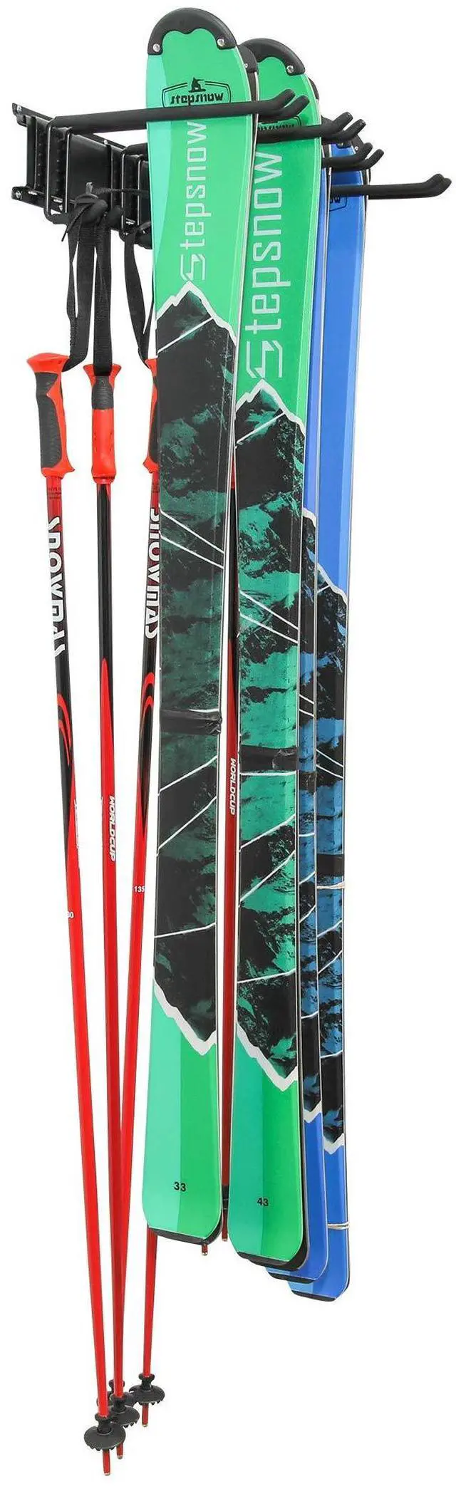 Alt view image 5 of 7 - RaxGo Ski Wall Rack, Holds 4 Pairs of Skis & Skiing Poles or Snowboard for Home and Garage Storage, Wall Mounted, Heavy Duty and Adjustable Rubber-Coated Hooks