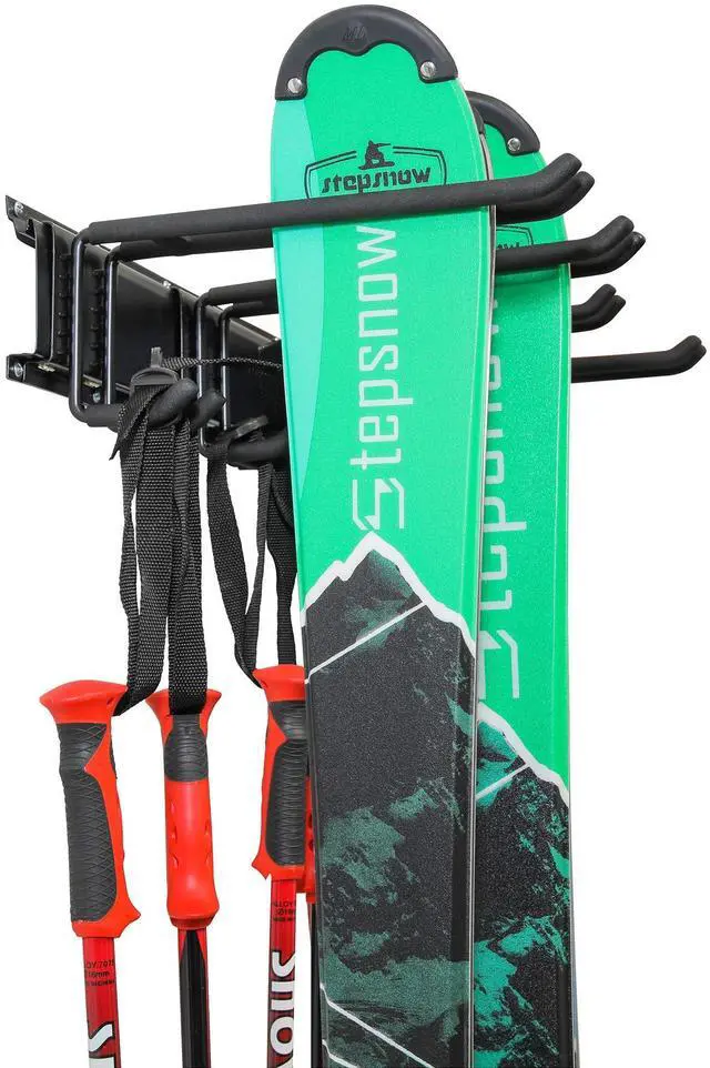 Alt view image 7 of 7 - RaxGo Ski Wall Rack, Holds 4 Pairs of Skis & Skiing Poles or Snowboard for Home and Garage Storage, Wall Mounted, Heavy Duty and Adjustable Rubber-Coated Hooks