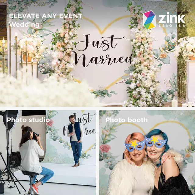 Alt view image 4 of 5 - Zink Wedding Photo Backdrop - Wrinkle-Free 4.5 Ft x 6 Ft Photo Studio Backdrop with Floral Design and Just Married Text