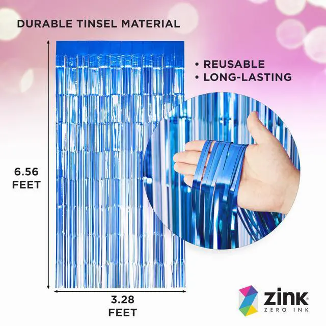 Alt view image 2 of 5 - Zink 2 Pack 3.28 Ft x 6.56 Ft Blue Foil Curtain Backdrop - Tinsel Streamers for Photo Booth, Birthday Party, Wedding, Graduation, Holiday Decorations