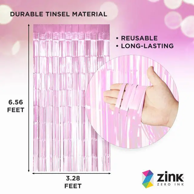 Alt view image 2 of 5 - Zink 2 Pack 3.28 Ft x 6.56 Ft Pink Foil Curtain Backdrop - Tinsel Streamers for Photo Booth, Birthday Party, Wedding, Graduation, Holiday Decorations