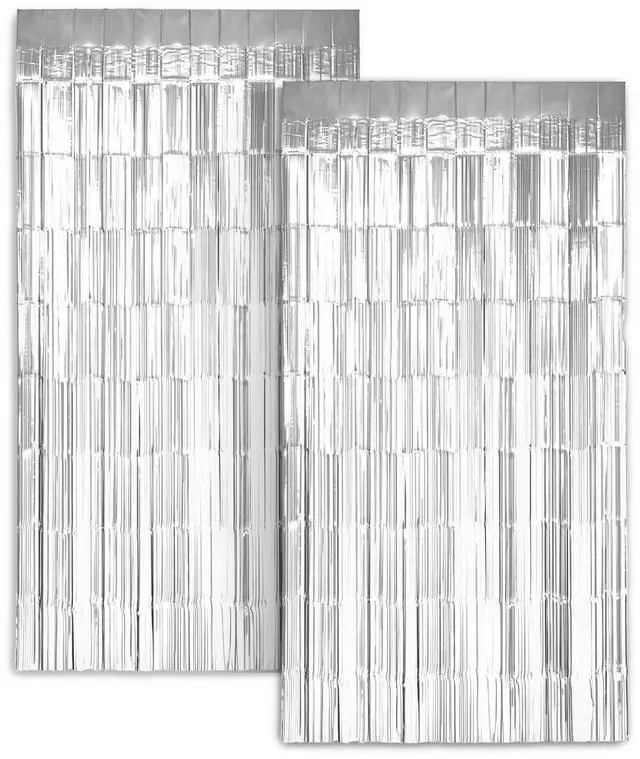 Main image of Zink 2 Pack 3.28 Ft x 6.56 Ft Silver Foil Curtain Backdrop - Tinsel Streamers for Photo Booth, Birthday Party, Wedding, Graduation, Holiday Decorations