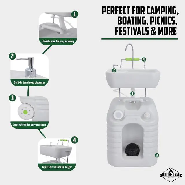 Alt view image 2 of 6 - Hike Crew Portable Camping Sink & Water Reserve | Outdoor Travel Hand Wash Station with Large 12 Gallon Capacity Water Tank, Hands-Free Foot Pump, Faucet, Soap Dispenser, Rolling Wheels & Carry Handle