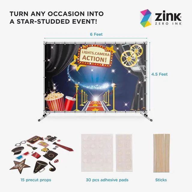 Alt view image 2 of 5 - Zink Hollywood Photo Booth Bundle - 15PC Hollywood Themed Photo Booth Kit with 4.5 x 6 Ft Backdrop, Precut Props, Sticks, and Adhesive Pads