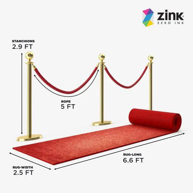 Alt view image 2 of 7 - Zink Red Carpet Bundle - 4PCS 90 CM Stainless Steel Gold Stanchion Posts with 1.5M Velvet Rope and 0.75M x 2M Red Carpet for Parties, Photo Booths, Weddings, Theaters, and More