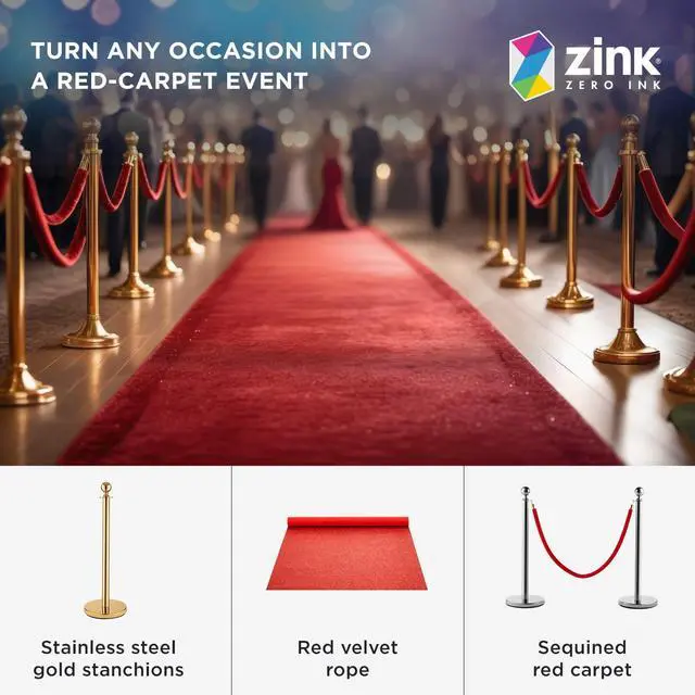Alt view image 3 of 7 - Zink Red Carpet Bundle - 4PCS 90 CM Stainless Steel Gold Stanchion Posts with 1.5M Velvet Rope and 0.75M x 2M Red Carpet for Parties, Photo Booths, Weddings, Theaters, and More