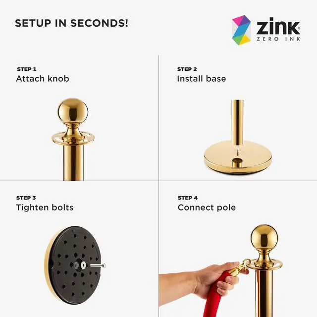 Alt view image 4 of 7 - Zink Red Carpet Bundle - 4PCS 90 CM Stainless Steel Gold Stanchion Posts with 1.5M Velvet Rope and 0.75M x 2M Red Carpet for Parties, Photo Booths, Weddings, Theaters, and More
