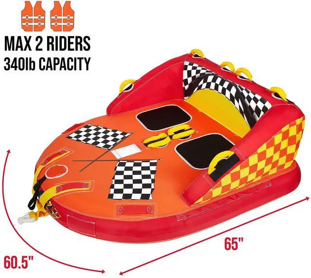 Alt view image 3 of 7 - Towable Water Tube | 2-Person Inflatable Floating Raft for Boating with Cushion Seats, Grip Handles, Dual Tow Points & Speed Safety Valve for Fast Inflation | 12V Air Pump & Tow Rope Included