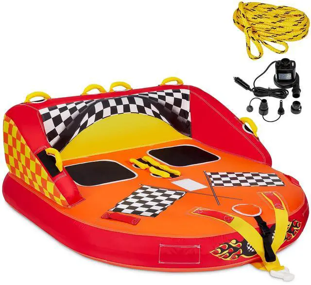 Main image of Towable Water Tube | 2-Person Inflatable Floating Raft for Boating with Cushion Seats, Grip Handles, Dual Tow Points & Speed Safety Valve for Fast Inflation | 12V Air Pump & Tow Rope Included