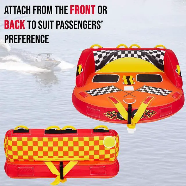 Alt view image 5 of 7 - Towable Water Tube | 2-Person Inflatable Floating Raft for Boating with Cushion Seats, Grip Handles, Dual Tow Points & Speed Safety Valve for Fast Inflation | 12V Air Pump & Tow Rope Included