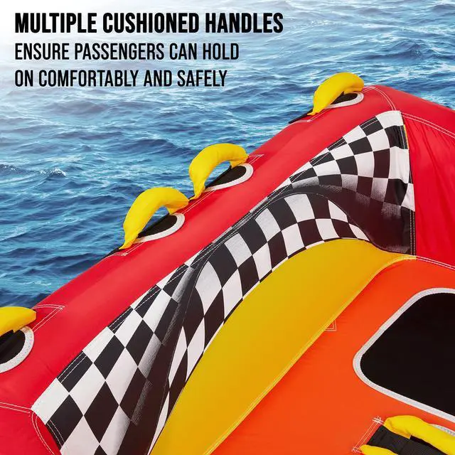 Alt view image 6 of 7 - Towable Water Tube | 2-Person Inflatable Floating Raft for Boating with Cushion Seats, Grip Handles, Dual Tow Points & Speed Safety Valve for Fast Inflation | 12V Air Pump & Tow Rope Included