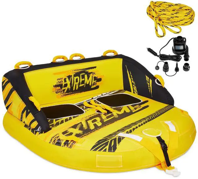 Main image of Towable Water Tube | 2-Person Inflatable Floating Raft for Boating with Cushion Seats, Grip Handles, Dual Tow Points & Speed Safety Valve For Fast Inflation | 12V Air Pump & Tow Rope Included