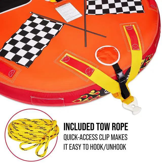 Alt view image 7 of 7 - Towable Water Tube | 2-Person Inflatable Floating Raft for Boating with Cushion Seats, Grip Handles, Dual Tow Points & Speed Safety Valve for Fast Inflation | 12V Air Pump & Tow Rope Included