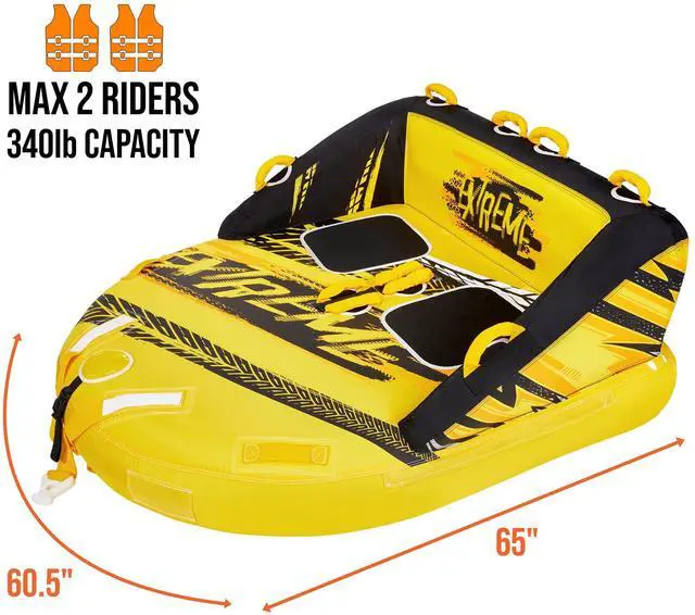 Alt view image 3 of 7 - Towable Water Tube | 2-Person Inflatable Floating Raft for Boating with Cushion Seats, Grip Handles, Dual Tow Points & Speed Safety Valve For Fast Inflation | 12V Air Pump & Tow Rope Included