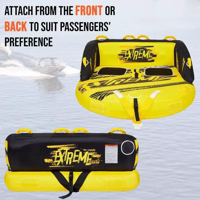 Alt view image 4 of 7 - Towable Water Tube | 2-Person Inflatable Floating Raft for Boating with Cushion Seats, Grip Handles, Dual Tow Points & Speed Safety Valve For Fast Inflation | 12V Air Pump & Tow Rope Included