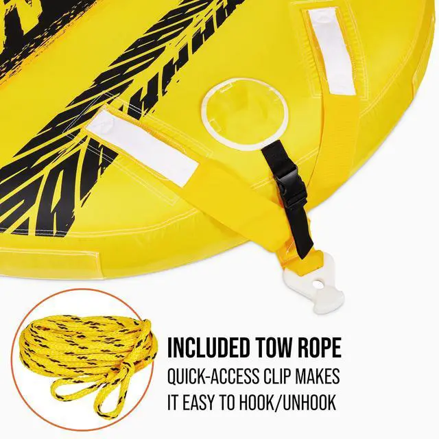 Alt view image 5 of 7 - Towable Water Tube | 2-Person Inflatable Floating Raft for Boating with Cushion Seats, Grip Handles, Dual Tow Points & Speed Safety Valve For Fast Inflation | 12V Air Pump & Tow Rope Included