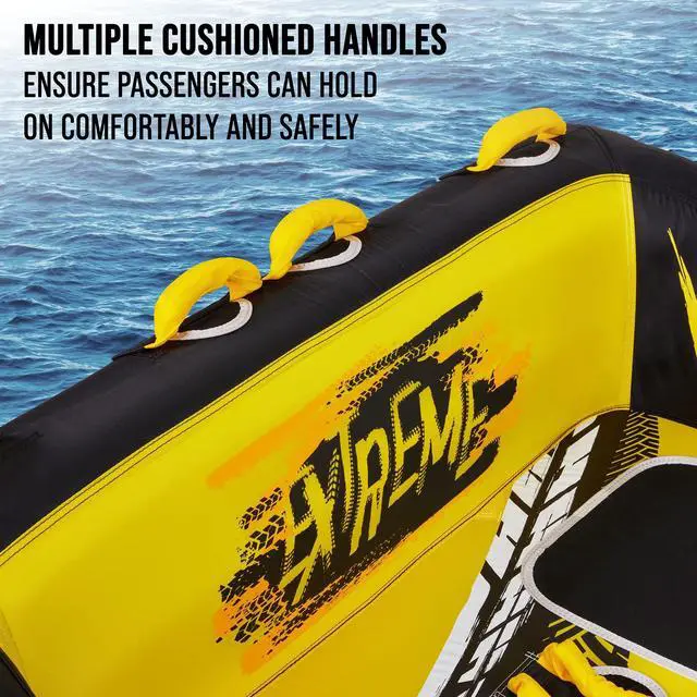 Alt view image 7 of 7 - Towable Water Tube | 2-Person Inflatable Floating Raft for Boating with Cushion Seats, Grip Handles, Dual Tow Points & Speed Safety Valve For Fast Inflation | 12V Air Pump & Tow Rope Included