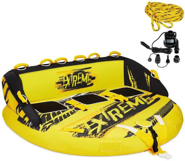 Main image of Towable Water Tube | 3-Person Inflatable Floating Raft for Boating with Cushion Seats, Grip Handles, Dual Tow Points & Speed Safety Valve for Fast Inflation | 12V Air Pump & Tow Rope Included