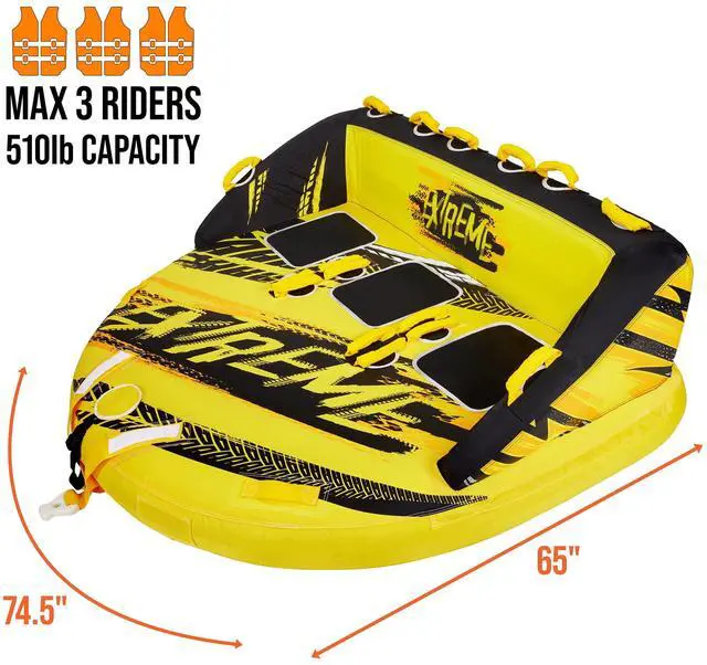 Alt view image 3 of 7 - Towable Water Tube | 3-Person Inflatable Floating Raft for Boating with Cushion Seats, Grip Handles, Dual Tow Points & Speed Safety Valve for Fast Inflation | 12V Air Pump & Tow Rope Included