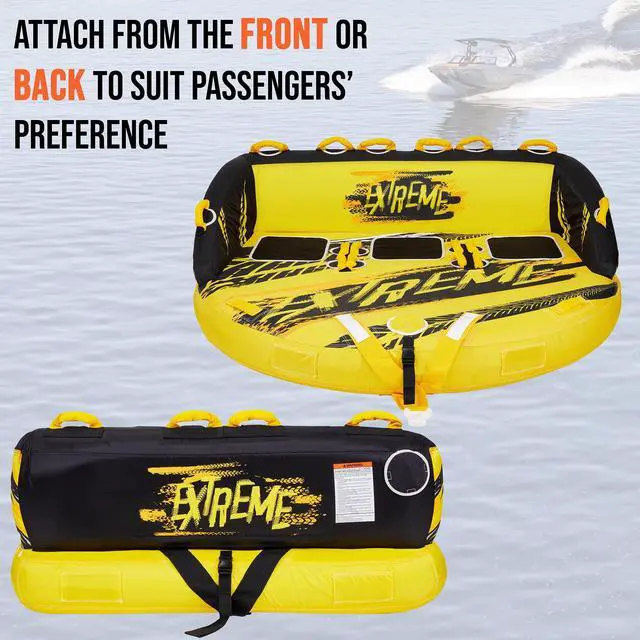 Alt view image 4 of 7 - Towable Water Tube | 3-Person Inflatable Floating Raft for Boating with Cushion Seats, Grip Handles, Dual Tow Points & Speed Safety Valve for Fast Inflation | 12V Air Pump & Tow Rope Included