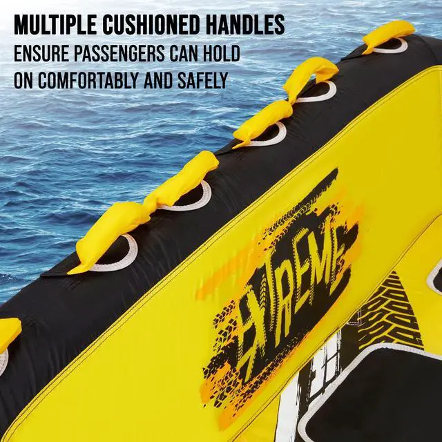 Alt view image 5 of 7 - Towable Water Tube | 3-Person Inflatable Floating Raft for Boating with Cushion Seats, Grip Handles, Dual Tow Points & Speed Safety Valve for Fast Inflation | 12V Air Pump & Tow Rope Included
