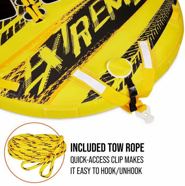 Alt view image 7 of 7 - Towable Water Tube | 3-Person Inflatable Floating Raft for Boating with Cushion Seats, Grip Handles, Dual Tow Points & Speed Safety Valve for Fast Inflation | 12V Air Pump & Tow Rope Included