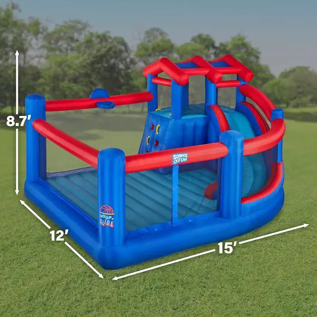 Alt view image 2 of 6 - Sunny & Fun Inflatable Hoop N Slide Park  Heavy-Duty for Outdoor Fun - Climbing Wall, Slide, Bounce House, Basketball Hoop  Easy to Set Up & Inflate with Included Air Pump & Carrying Case