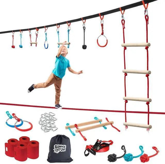 Main image of 50 Foot Ninja Double Slackline Monkey Bar & Ladder Kit  Kids Gym Swinging Obstacle Course Set - Warrior Training, Fists, Gymnastics & Freestyle Rings - Bag & Tree Protectors