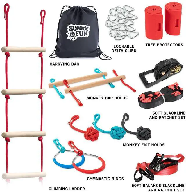 Alt view image 4 of 7 - 50 Foot Ninja Double Slackline Monkey Bar & Ladder Kit  Kids Gym Swinging Obstacle Course Set - Warrior Training, Fists, Gymnastics & Freestyle Rings - Bag & Tree Protectors