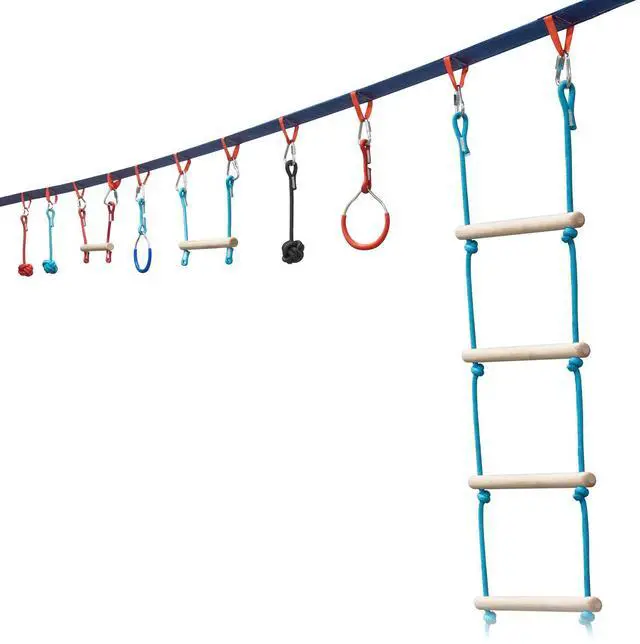 Main image of Portable 50 Foot Slackline Monkey Bar and Ladder Kit - Kids Swinging Obstacle Course Set - Bars, Fists, Gymnastics Rings - 250lb Capacity - Storage Bag & Tree Protectors Included